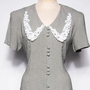 Vintage 90s Maxi Dress Gray Corset Back Lace Collar Coquette Size S/M